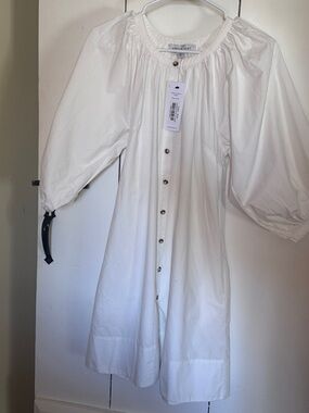 Amour Vert Esther Organic Cotton Poplin Dress White Medium NWT Staud Puff Sleeve